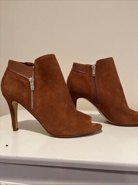 Marc Fisher Tan Suede Peep-Toe Ankle Booties with Side Zipper